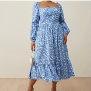 Reformation NWT Mica Floral Print Marie Blue/White Midi Dress Women’s Size 16